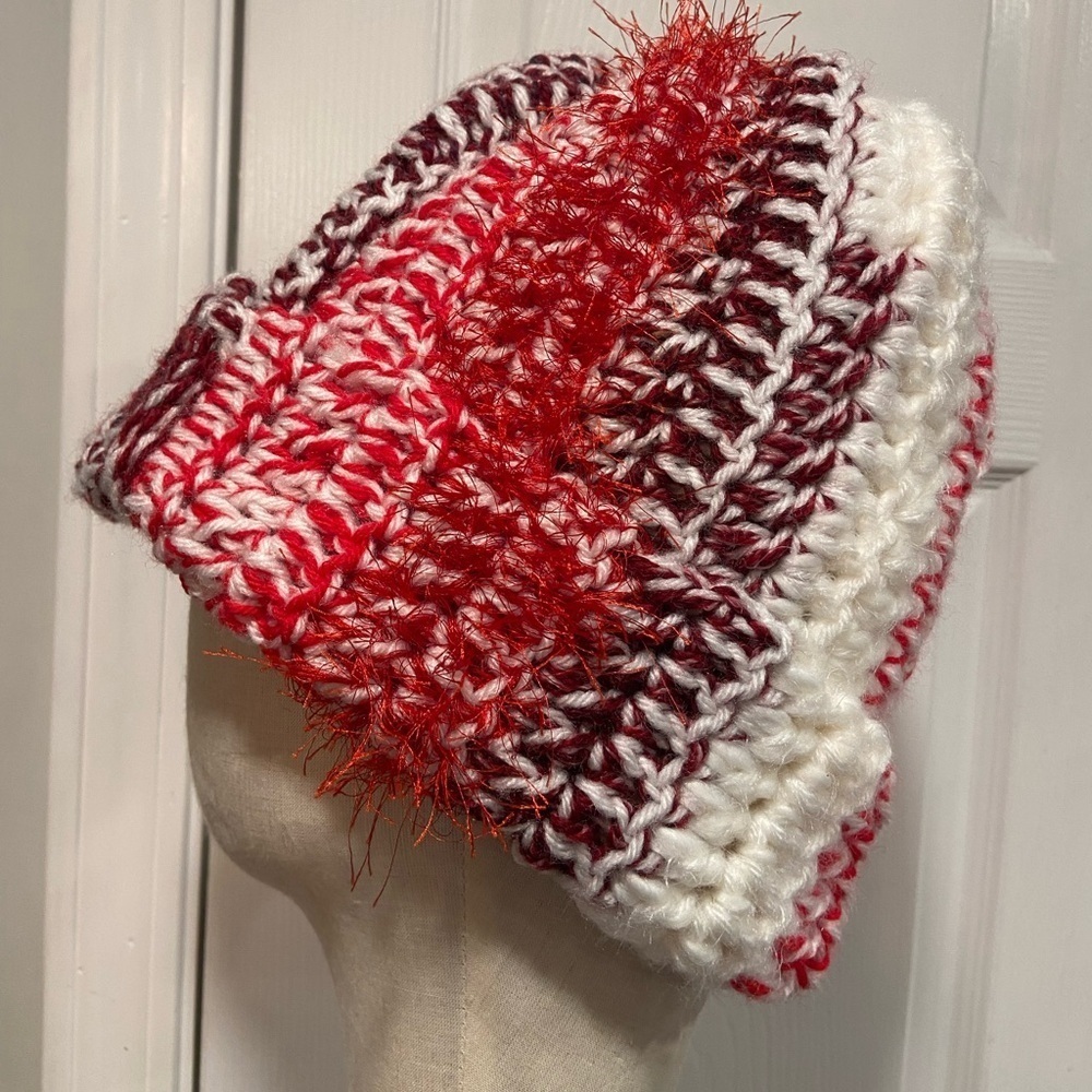 Handmade Crochet Chunky Ribbed Upcycled Multi Fiber Scrappy Yarn Beanie Hat